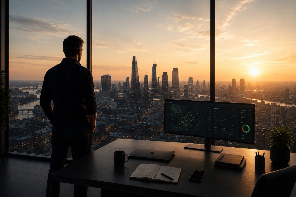 Territory partner overlooking a city skyline from a high-rise office at sunset
